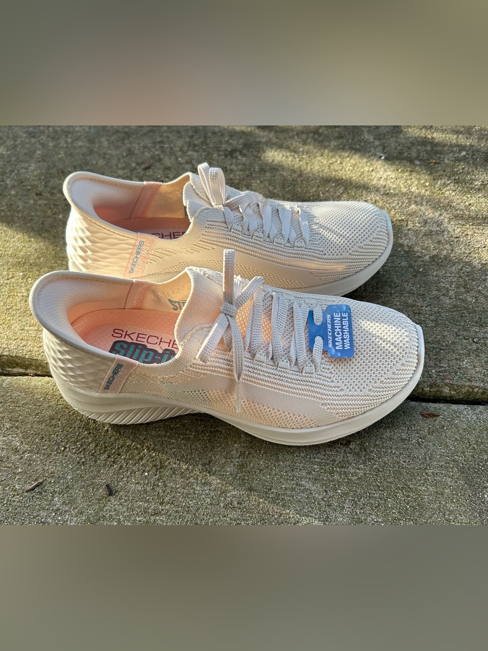 Skechers Women’s Light Beige Knit Lace-Up Slip-On Sneakers